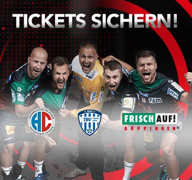 Ticket-Ankündigungsgrafik des SC Magdeburg mit dem Schriftzug „Tickets sichern!“ und 5 jubelnden Spielern.