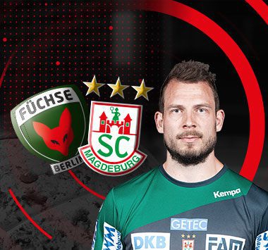 Porträtgrafik von SCM-Spieler Michael Damgaard mit den Vereinslogos des SC Magdeburg und der Füchse Berlin.