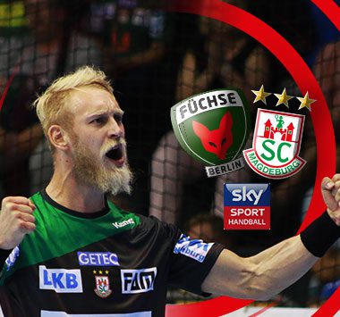 Ankündigungsgrafik mit dem jubelnden SCM-Spieler Matthias Musche und den Logos des SC Magdeburg sowie der Füchse Berlin