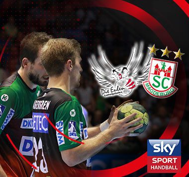 Grafik zum Auswärtsspiel bei den Eulen Ludwigshafen mit SCM-Spieler Gisli Kristjánsson am Ball.