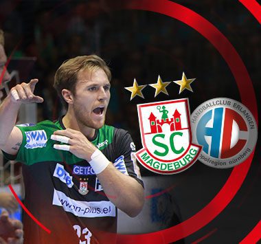 Werbegrafik zum Spiel SC Magdeburg gegen HC Erlangen: Ein jubelnder Spieler im grün-schwarzen Trikot, daneben die Logos beider Vereine und drei goldene Sterne.