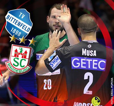 Werbegrafik zum Spiel TVB Stuttgart gegen SC Magdeburg: Zwei SCM-Spieler (einer mit dem Namen Musa auf dem Rücken) klatschen sich ab, daneben die Logos beider Vereine und drei goldene Sterne.