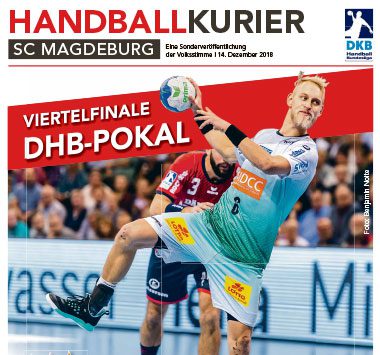 Titelblatt des „Handballkurier“ zum DHB-Pokal-Viertelfinale mit einer Spielszene von Albin Lagergren im hellblauen SCM-Trikot beim Sprungwurf.