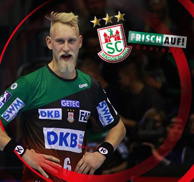 Grafik zur Auszeichnung von Matthias „Matze“ Musche in der „Mannschaft der Woche“ mit seinem Porträt im grün-roten SCM-Trikot.