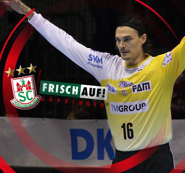 Grafik zum Spiel gegen Göppingen mit einem Porträt von SCM-Torwart Jannick Green (Nummer 16) im gelben Trikot mit gehobenen Armen.