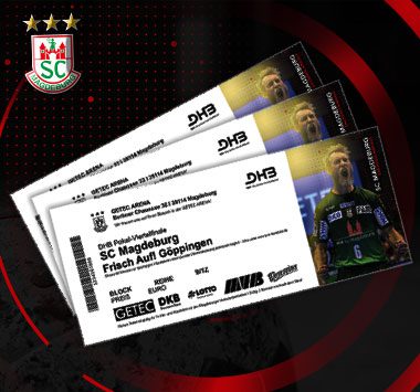 Werbegrafik für den Ticketverkauf zum DHB-Pokalspiel SC Magdeburg gegen Frisch Auf! Göppingen mit abgebildeten Eintrittskarten und dem SCM-Logo.