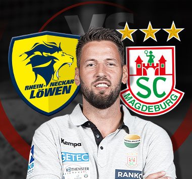 Vorankündigungsgrafik zum Spiel gegen die Rhein-Neckar Löwen mit einem Porträt von SCM-Trainer Bennet Wiegert und beiden Vereinslogos im Hintergrund.