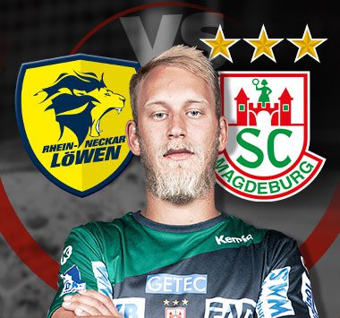 Vorankündigungsgrafik zum Spiel gegen die Rhein-Neckar Löwen mit einem Porträt von SCM-Linksaußen Matthias Musche und beiden Vereinslogos im Hintergrund.