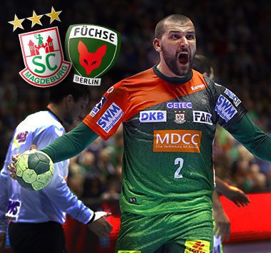 SCM-Kapitän Zeljko Musa (Nummer 2) jubelt emotional im grün-roten Trikot vor einer Ankündigungsgrafik zum Spiel gegen die Füchse Berlin.