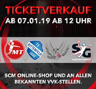 Werbegrafik für den SCM-Ticketverkauf ab dem 7. Januar 2019 mit den Logos der gegnerischen Vereine Melsungen, Stuttgart, Berlin und Bietigheim.