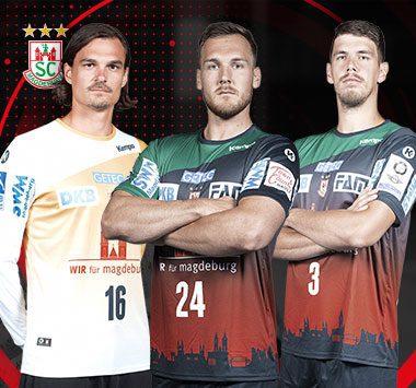 Grafik zur Vertragsverlängerung mit den SCM-Spielern Jannick Green, Christian O'Sullivan und Piotr Chrapkowski nebeneinander im Trikot.