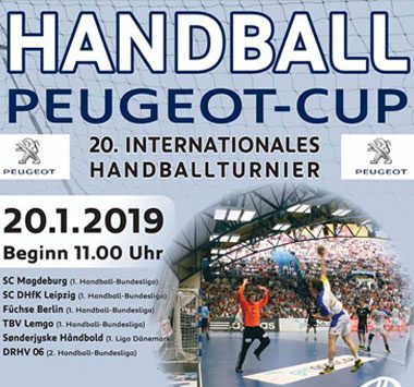 Plakat für das internationale Handballturnier „Peugeot-Cup“ in Dessau.