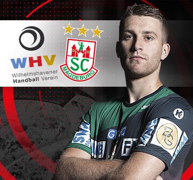 Collage eines Handballspielers mit den Vereinslogos des Wilhelmshavener HV (WHV) und des SC Magdeburg.
