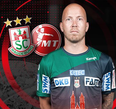 Collage des Handballspielers Robert Weber mit den Vereinslogos von SC Magdeburg und MT Melsungen.