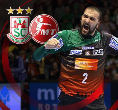 Collage des Handballspielers Željko Musa mit den Vereinslogos von SC Magdeburg und MT Melsungen.