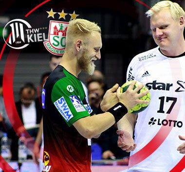 Collage zur Handballpartie zwischen dem THW Kiel und dem SC Magdeburg mit Matthias Musche und Patrick Wiencek.