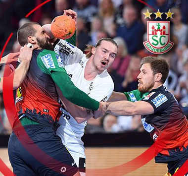 Collage zur Handballpartie des SC Magdeburg gegen den THW Kiel mit Vereinslogo.