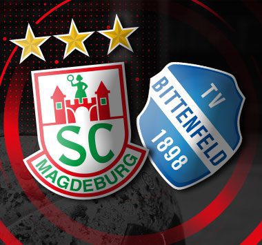 Grafische Spielankündigung mit den Wappen des SC Magdeburg und TV Bittenfeld.