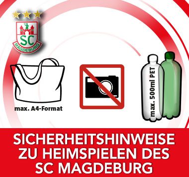 Infografik zu den Sicherheitshinweisen bei SCM-Heimspielen mit Symbolen für erlaubte Taschengrößen und verbotene Gegenstände.