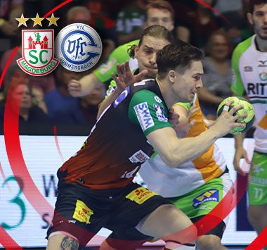 SC Magdeburg Handballer Mika Damgaard am Ball im Spiel gegen den VfL Gummersbach.