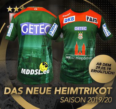 Werbebanner für das neue grüne Heimtrikot des SC Magdeburg für die Saison 2019/20 mit dem Text „Das neue Heimtrikot Saison 2019/20 – Ab dem 29.05.19 erhältlich!“.