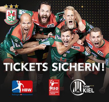 Ticket-Kampagne des SC Magdeburg mit dem Slogan „TICKETS SICHERN!“ für die Heimspiele gegen Balingen, Melsungen und Kiel.