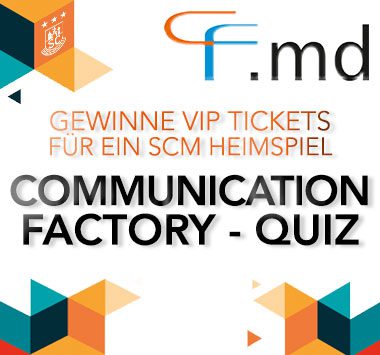 Gewinnspiel-Banner der Communication Factory zur Verlosung von VIP-Tickets für ein Heimspiel des SC Magdeburg.