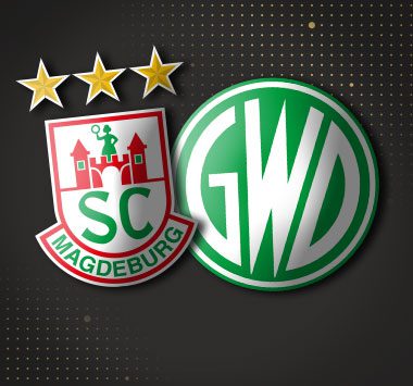 Grafik mit den Vereinslogos des SC Magdeburg und von GWD Minden auf einem dunklen Hintergrund mit Punktmuster.