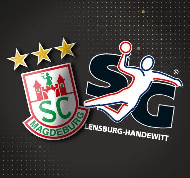 Grafik mit den Vereinslogos des SC Magdeburg und der SG Flensburg-Handewitt auf einem gemusterten, dunklen Hintergrund.