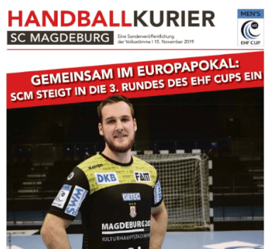 Titelblatt des „Handballkurier“ mit einem Foto von Torwart Jannick Green im gelb-schwarzen Trikot und der Überschrift „Gemeinsam im Europapokal: SCM steigt in die 3. Runde des EHF Cups ein“.
