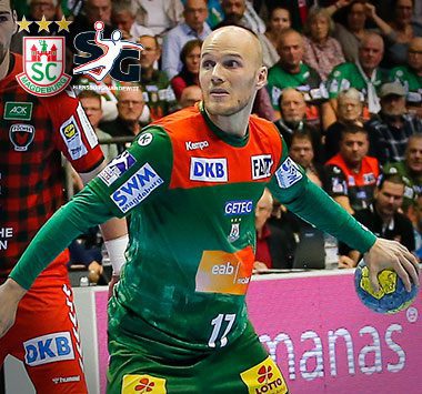 SCM-Rechtsaußen Tim Hornke am Ball im Heimspiel gegen die SG Flensburg-Handewitt.