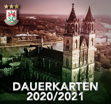 Dauerkarten-Grafik des SC Magdeburg mit einer Luftaufnahme des Magdeburger Doms und dem Text „DAUERKARTEN 2020/2021“.