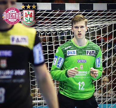 EHF-Cup: Torhüter Tobias Thulin (SC Magdeburg, Nr. 12) steht konzentriert im grünen Trikot vor dem Tornetz.