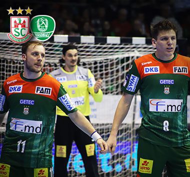 Bundesliga: Gisli Kristjansson (Nr. 11) und Christoph Steinert (Nr. 8) formieren die Abwehr des SC Magdeburg vor Torhüter Tobias Thulin.
