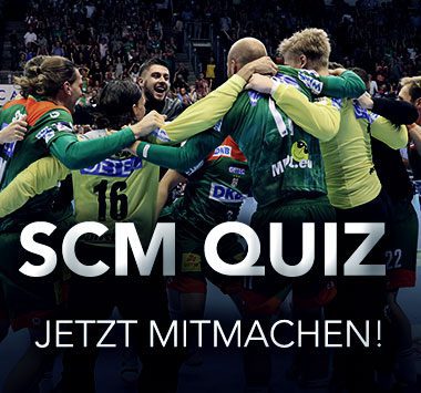 Quiz-Grafik: Jannick Green (Nr. 16) und Lukas Mertens (Nr. 22) jubeln im Mannschaftskreis unter dem Schriftzug „SCM QUIZ“.