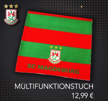 Produkt-Grafik: Ein grün-rot gestreiftes SC Magdeburg Multifunktionstuch mit Vereinslogo für 12,99 €.