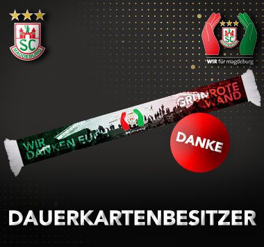 SC Magdeburg Infografik mit einem Fan-Schal und Danksagung an alle Dauerkartenbesitzer.