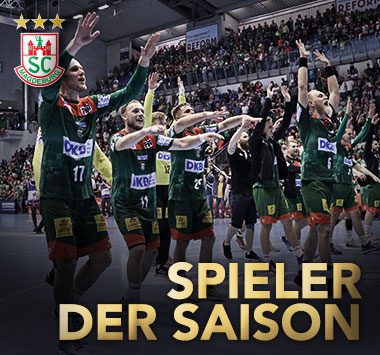 SCM-Grafik zur Wahl des „Spieler der Saison“ mit einer jubelnden Mannschaftsszene in der vollen Arena.