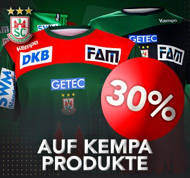 SC Magdeburg Fanshop-Ankündigung für 30 % Rabatt auf alle Kempa-Produkte.