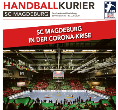 SCM-Infografik der Volksstimme zum Thema „SC Magdeburg in der Corona-Krise“ mit einer Hallenansicht.