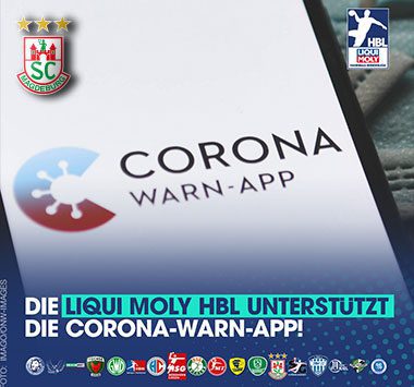 Handball-Bundesliga Infografik zur Unterstützung der Corona-Warn-App mit dem Logo des SC Magdeburg.