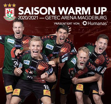 SC Magdeburg Handball: Werbegrafik zum Saison Warm Up 2020/2021 mit fünf jubelnden Spielern im grün-roten Vereinstrikot.