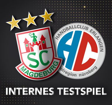 Testspiel-Ankündigung: Vereinslogos des SC Magdeburg und der HC Erlangen auf dunklem Grund.