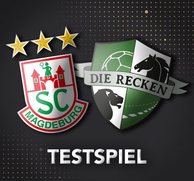 Testspiel-Ankündigung: Vereinslogos des SC Magdeburg und die Recken Hannover auf dunklem Grund.