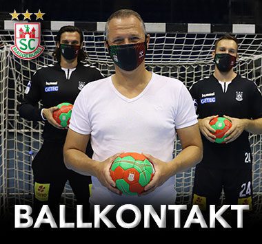 SCM-Spieler Jannick Green und Christian O'Sullivan mit Handbällen auf einer Aktionsgrafik und dem Schriftzug Ballkontakt.
