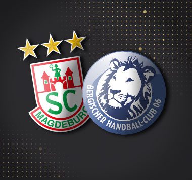 Spielankündigung: Vereinslogos des SC Magdeburg und des Bergischen HC auf dunklem Grund.