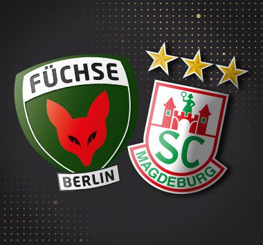 Spielankündigung: Vereinslogos des SC Magdeburg und von Füchse Berlin auf dunklem Grund.