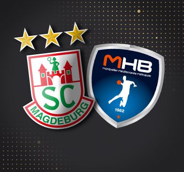 Spielankündigung in der European League: Vereinslogos des SC Magdeburg und von Montpellier Handball.