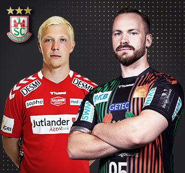 Gegenüberstellung der Handballer Magnus Saugstrup und Moritz Preuss auf einer SCM-Grafik.