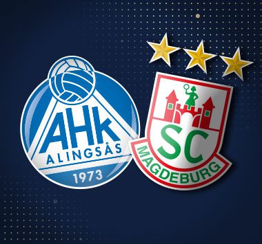 Spielankündigung im Europapokal: Vereinslogos von Alingsås HK und dem SC Magdeburg.